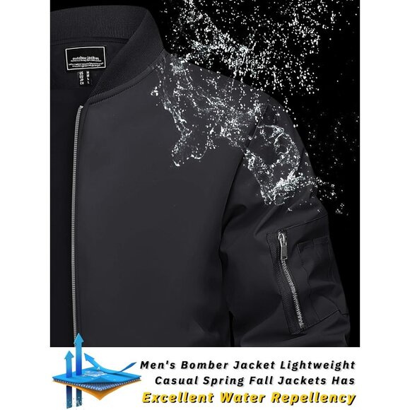 Men's Black Bomber Jacket with Zip-Up Front and Utility Sleeve Pocket - Picture 2 of 7
